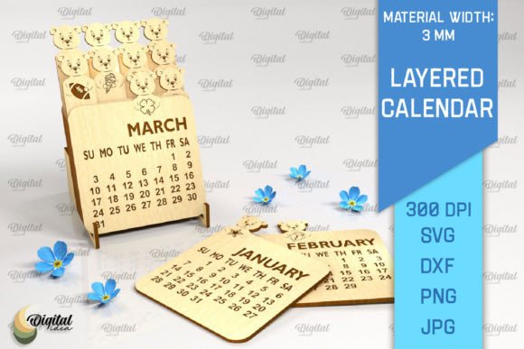 3D Layered Calendar Laser Cut: Bear SVG Design Asset
