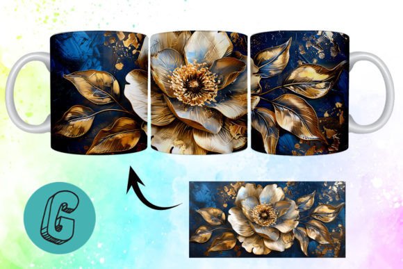 3D Oil Paint Gold Flower Mug Wrap: A Premium Design Asset