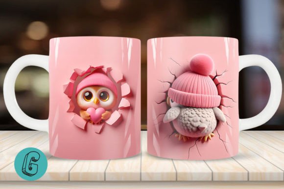Valentine Owl 3D Mug Wrap: A Charming Design Asset